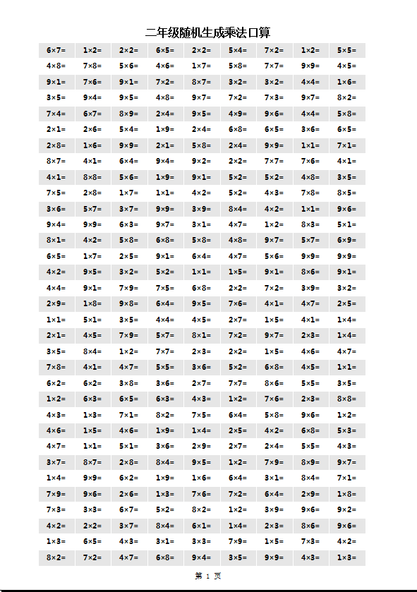 小学二年级上册表内乘法口算无限生成练习题下载打印